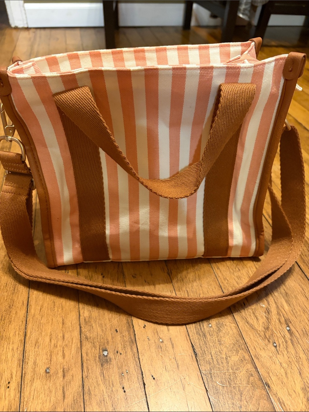 Striped Pink and White Canvas Crossbody Tote